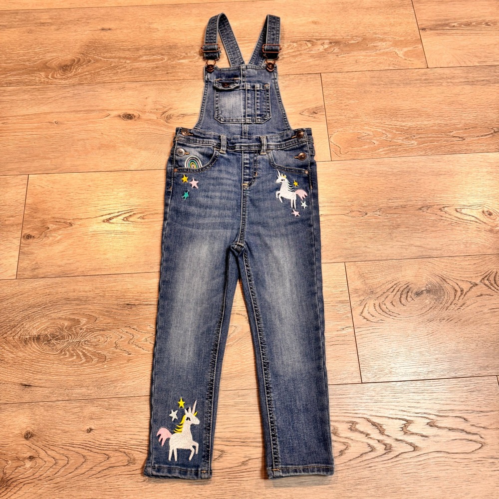 Wonder Nation Denim Overalls Unicorn Rainbow Embroidered Girls Size 4T‎
